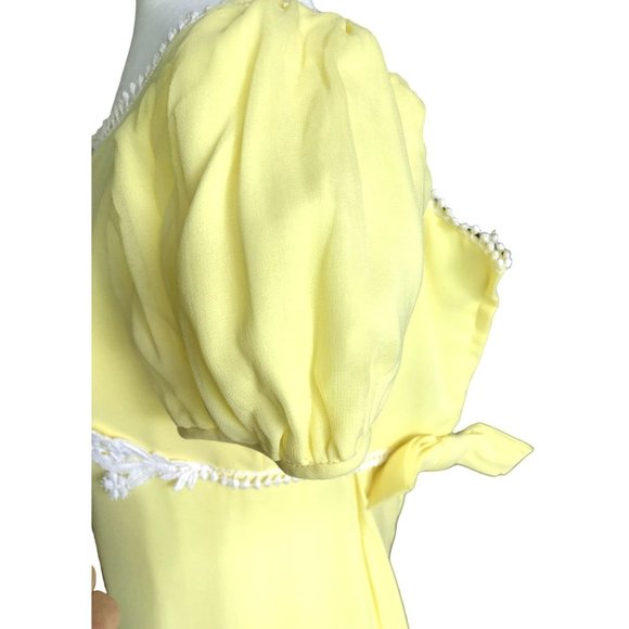 1960-70s Vintage Formal Dress Yellow Linen & Sheer Overlay Maxi Teens Womens XXS - Picture 5 of 11